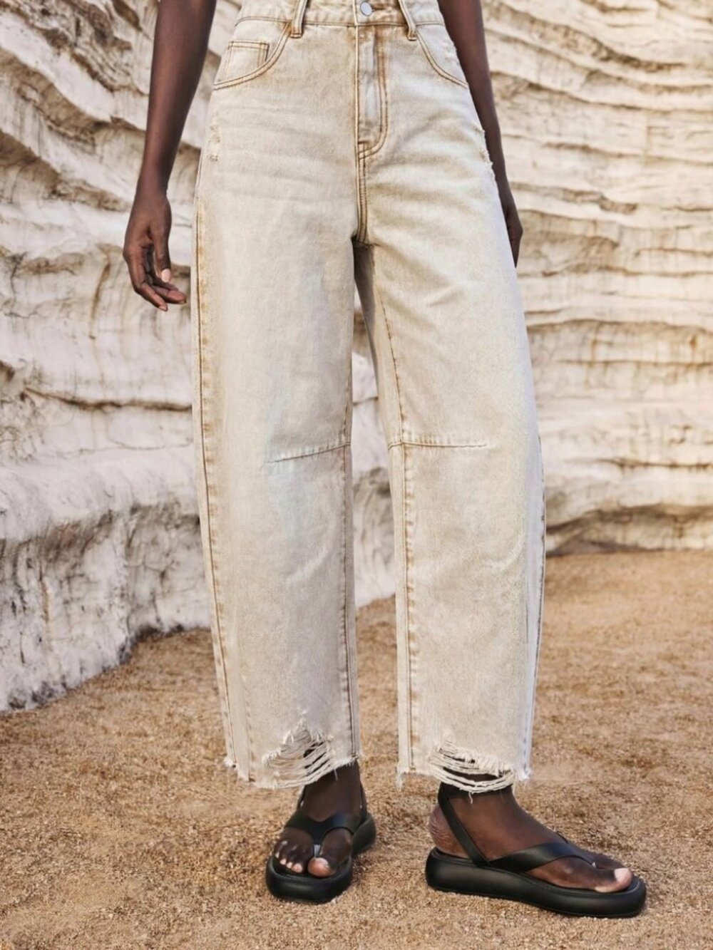 Cream Denim Jeans with Distressed Ripped Hem